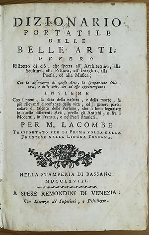 Dizionario Portatile delle Belle Arti. Architettura Scultura Pittura Intaglio.