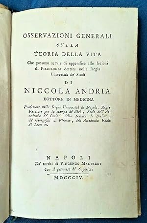 Andria, Osservazioni generali sulla teoria della vita. Medicina, Prima ed. 1804