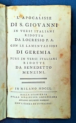 Scarselli, L'Apocalisse di S. Giovanni in versi italiani. Pergamena Milano 1750