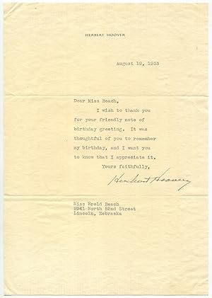 Seller image for 1933 Former President Herbert Hoover Typed Letter Signed for sale by Dennis Holzman Antiques