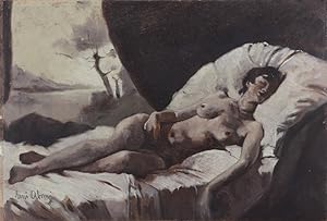 Frauenakt schlafend auf einem Bett, links im Hintergrund Natur mit Flußlandschaft. Ölgemälde auf ...