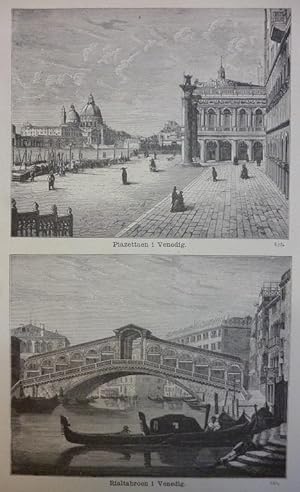 Holzstich - Ansichten von Venedig. (Vielansicht) Piazettaen i Venedig / Rialtabroen i Venedig.