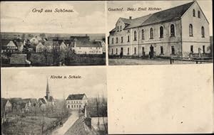 Ansichtskarte / Postkarte Schönau Frohburg in Sachsen, Kirche, Schule, Gasthof - Inh.: Emil Richter