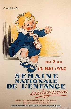 "SEMAINE NATIONALE DE L'ENFANCE 1934" Affiche originale entoilée / Litho POULBOT / Imp. E. CHAMBR...