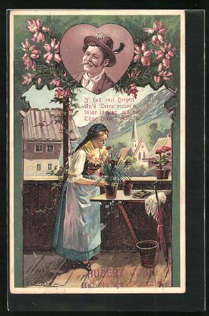 Imagen del vendedor de Knstler-Ansichtskarte E. Dcker: Frau in Tracht beim Blumen arrangieren, Portrait ihres Geliebten in Herzform a la venta por Bartko-Reher