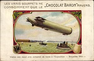 Litho Reklame, Weltausstellung Brüssel 1910, Chocolat Baron, Anvers, Zeppelin, Luftschiff