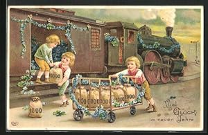 Präge-Ansichtskarte Kinder beladen Eisenbahn mit Geldsäcken