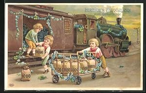 Präge-Ansichtskarte Kinder beladen Eisenbahn mit Geldsäcken