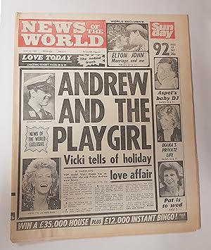 Imagen del vendedor de News of the World Newspaper - May 20, 1984, No 7,321. Plus Sunday Magazine Supplement - Cover Story 'Andrew and the Play Girl - Vicki Tells of Holiday Love Affair' (Prince Andrew / Royal Family News of the World Exclusive) a la venta por CURIO
