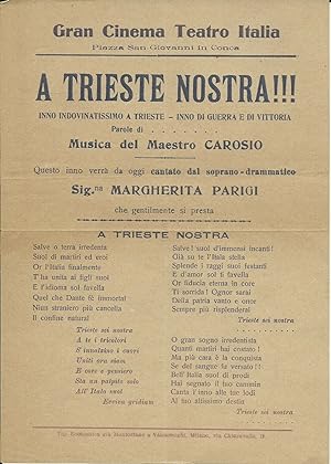 Raro volantino, A Trieste nostra!!! Inno di guerra e di vittoria 1918 (?)