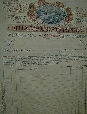 Pontiggia Cremona/Pompe per agricoltura Fattura originale firmata Pontiggia 1936