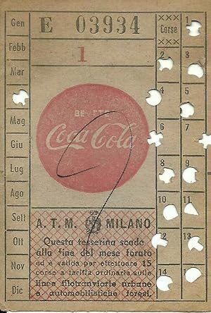 ATM Milano, Biglietto/Tessera pubblicitario Coca Cola originale 1950ca.