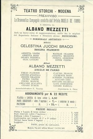 Programma originale Teatro Storchi/Compagnia De Farro di Modena 1891