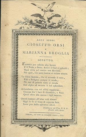 Foglio/Sonetto originale Agli sposi Gioseffo Orsi e Marianna Broglia Torino 1809