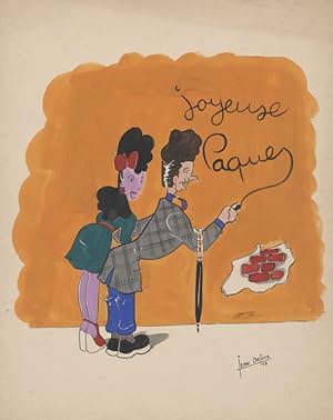 "JOYEUSE PAQUES CHEZ LES ZAZOUS" Dessin à l'aquarelle sur papier par Jean DEJOUX (1943)