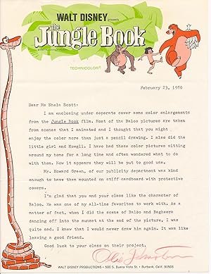 Bild des Verkufers fr OLLIE JOHNSTON. Archive of fvie SIGNED LETTERS, two Autograph Letters Signed and three Typed Letters Signed, all relating to Disney's film, "The Jungle Book," or "Disney Animation: The Illusion of Life," Disney Studios 1981 book on animation zum Verkauf von Schulson Autographs, Ltd.