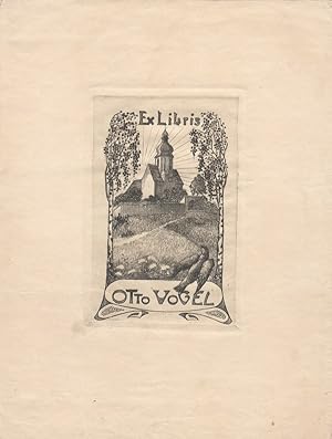 Bild des Verkufers fr Ex Libris Otto Vogel. Lndliche Kirche, davor ein Vogel. zum Verkauf von Antiquariat  Braun