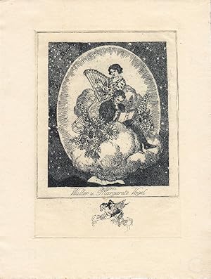 Imagen del vendedor de Ex libris Walter u. Margarete Vogel. Paar auf Wolke sitzend, er lesend, sie Harfe spielend. Auf Pegasus sitzendes Paar als Remarque. a la venta por Antiquariat  Braun