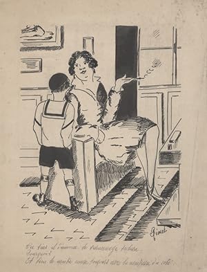 "HISTOIRE D'ÉCOLE" Dessin de presse original à l'encre de Chine sur papier par RIMCH (années 30)
