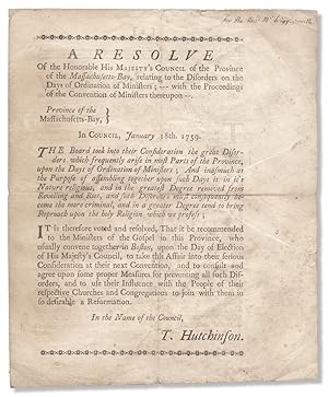 Bild des Verkufers fr A Resolve of the Honorable His Majesty's Council of the Province of the Massachusetts-Bay, relating to the Disorders on the Days of Ordination of Ministers; -with the Proceedings of the Convention of Ministers thereupon. [caption title] zum Verkauf von Ian Brabner, Rare Americana (ABAA)