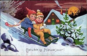 Ansichtskarte / Postkarte Glückwunsch Neujahr, Gelukkig Nieuwjaar, Kinder auf Schlitten