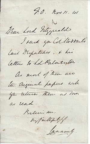 Image du vendeur pour [Earl Canning; The Great Game] Autograph Note Signed "Canning" to Lord Fitzgerald, presumably William Vesey-FitzGerald, Baron FitzGerald, as President of the Board of Control (see note), concerning the despatches of Col. Stoddard, British agent. mis en vente par Richard M. Ford Ltd