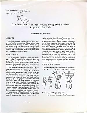 Bild des Verkufers fr One Stage Repair of Hypospadias Using Double Island Preputial Skin Tube. [Offprint] zum Verkauf von Jeff Weber Rare Books