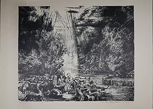 Imagen del vendedor de Weihnacht". Die heilige Familie im Wald mit dem Besuch der Weisen aus dem Morgenland. Dunkle Waldszene mit Lichteinfall von oben. Lithographie, links unten bezeichnet und rechts unten signiert und datiert a la venta por Antiquariat  Braun