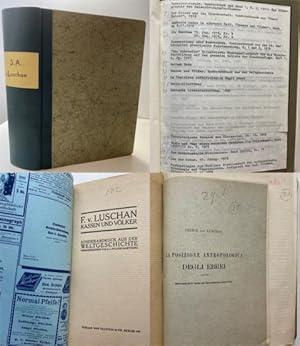 Bild des Verkufers fr Sammelband mit ca. 50 (teils illustrierten) Kleinschriften, Sonderdrucken, Zeitschriftbeitrgen und Auszgen von F.v. Luschan von ca. 1886 bis 1920 zur Anthropologie, Rassenkunde, Vlkerkunde, Ausgrabungen, Kunst etc., u.a.: "Zur Ethnographie des Kaiserin-Augusta-Flusses", "Der Kaiser und die Wissenschaft", "Rassen und Vlker", "Amerika und seine Friedensbestrebungen", "Zusammenhang oder Konvergenz", "Aufgaben der Sozialanthropologie", "Die Inseln der Hawai-Gruppe", "Anthropologische Messungen an 95 Englndern", Der Neger in den Vereinigten Staaten", "The racial affinities of the Hottentots", "Ethnographie der Matty-Insel" u.v.m. zum Verkauf von Treptower Buecherkabinett Inh. Schultz Volha