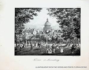 PARIS, Terrasse du Luxembourg et Le dôme du Panthéon, original antique print about 1830