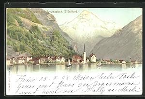 Lithographie Künzli Nr. 5021: Fluelen am Urnersee, Ortsansicht mit Bristenstock, Berg mit Gesicht...