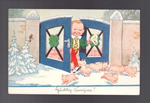 Christmas New Year Greetings Postcard - Irish Leprechaun & Lucky Piglets