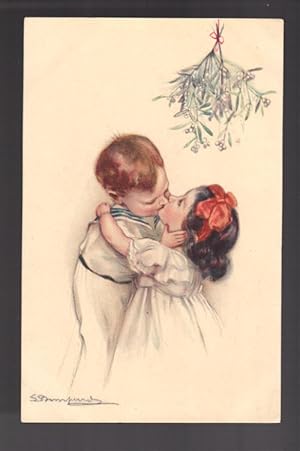 Children Kissing Under Mistletoe Postcard