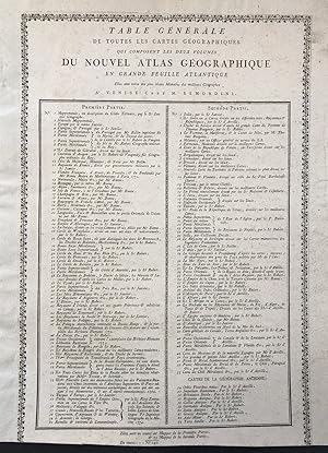 Bild des Verkufers fr Table Generale de toutes les cartes geographiques qui composent les deux volumes du nouvel atlas geographique" - Register table zum Verkauf von Antiquariat Steffen Vlkel GmbH