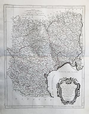 Bild des Verkufers fr Carte des Gouvernements de Languedoc, de Foix et de Roussillon avec la Partie Orientale du Gouvernement de Guienne" - Languedoc Foix Roussillon Montpellier Narbonne Perpignon France Frankreich carte gravure zum Verkauf von Antiquariat Steffen Vlkel GmbH