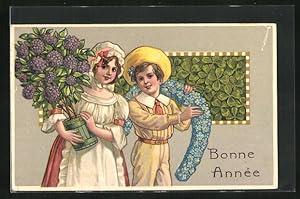 Bild des Verkufers fr Prge-Ansichtskarte Kleines Paar mit Hortensien und Vergissmeinnicht, Blumenbild zum Verkauf von Bartko-Reher