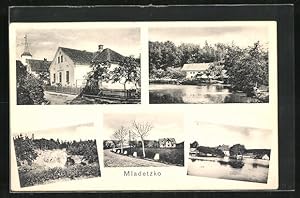 Ansichtskarte Mladetzko, Volksschule, Strassenpartie am Ortseingang