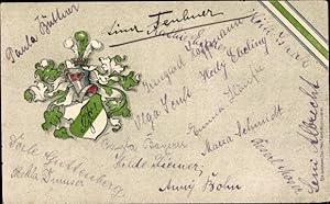 Studentika Präge Ansichtskarte / Postkarte Grün Weißes Wappen, Unterschriften von Frauen