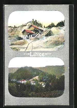 Ansichtskarte Litice, Förderanlage im Steinbruch, Ortsansicht