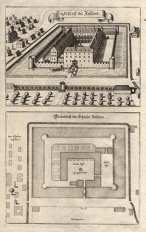 Teilansicht, Schloß, 2 Darstellungen auf einem Blatt, "Schloss zu Zeillern. - Grundtriß des Schlo...