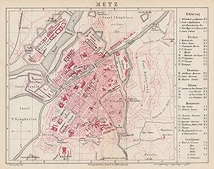 Stadtplan, rechts Erklärungen zu Plätzen und Sehenswürdigkeiten der Stadt, " Metz ".