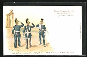 Image du vendeur pour Lithographie Salutierende Soldaten in Uniform, Ingenieur-Corps und Genie-Regiment, 1. u. 2. Pionier-Bat. mis en vente par Bartko-Reher