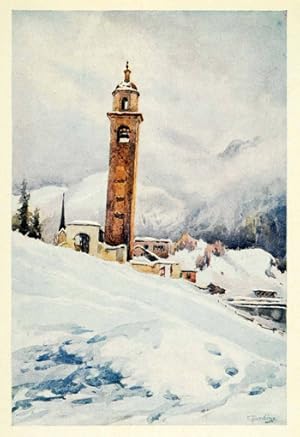 The Leaning Tower of St. Moritz - old church ,1907 colored swiss print
