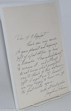 Seller image for Holograph letter to H. A. Rappaport signed by Pultizer Prize-winner Josephine Johnson] for sale by Bolerium Books Inc.
