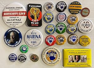 [25 different ILWU-related pinback buttons]
