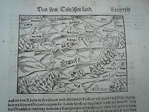 Bild des Verkufers fr Franken,Wrzburg,Nrnberg, anno 1567, S.Mnster, Cosmographia, 14 Seiten Auszug aus einer dt. Ausgabe, mit zwei Landkarten (Bayern und Franken), mehreren Holzschnitten (auch eine kleine Ansicht von Wrzburg). Blattma jeweils 30 x 20 cm. Das erste Blatt mit einem kleinen hinterlegten Einriss, minimal in den Text reichend. zum Verkauf von Hammelburger Antiquariat