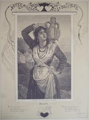 Kunstdruck / Holzstich - Die Wasserträgerin von Amalfi. Mit einem Gedicht v. Dr. Hans Barth