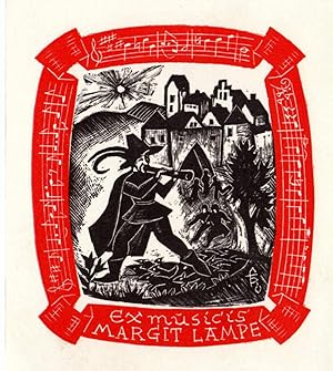 Imagen del vendedor de Exlibris fr Margit Lampe (Ex musicis). Zweifarbiger Holzschnitt von Fritz Richter. a la venta por Antiquariat Heinz Tessin
