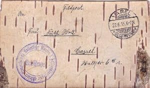 Seller image for Postkarte auf Original Birkenrinde. Abgestempelt Varel (Oldenburg) 22.06.1915 mit Briefstempel : Kaiserliche Marine I. Festungskompagnie (Kleiner Kreuzerstamm). for sale by Antiquariat Heinz Tessin