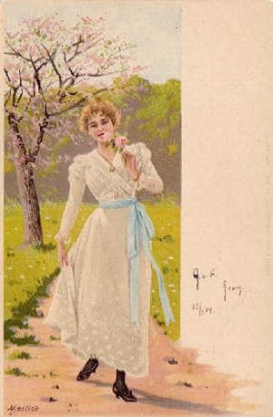 Frau mit Rose neben einem blühenden Kirschbaum. Postkarte in farbiger Lithographie von Mailick. U...